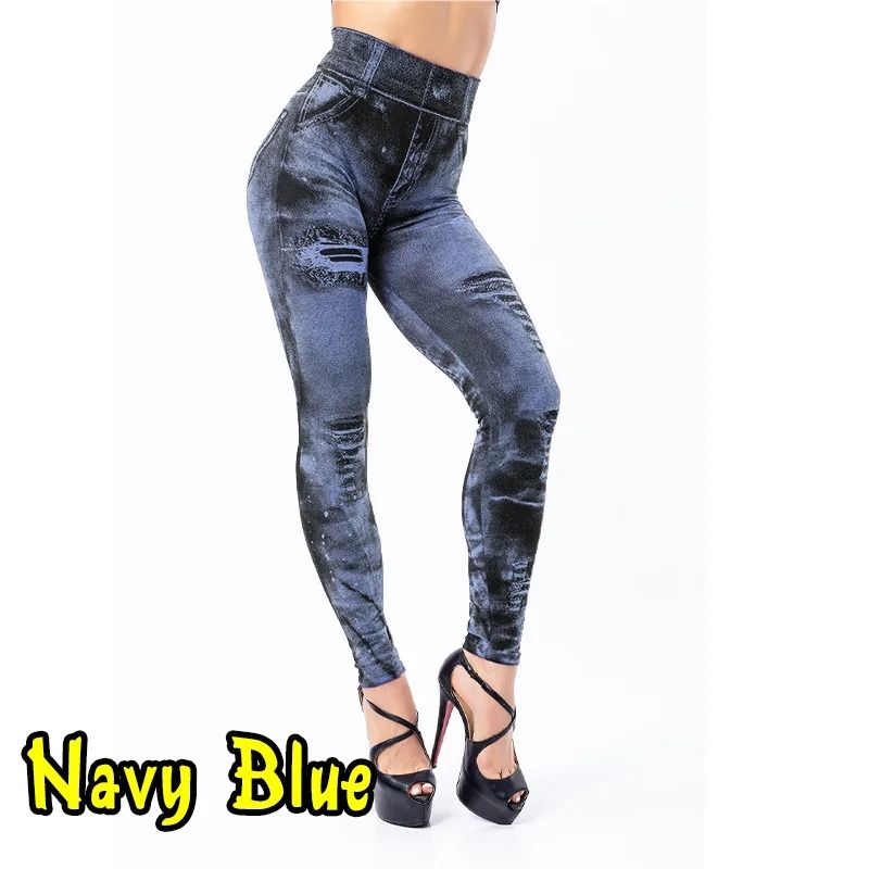 Women Imitation Jeans Stretch Leggings High Waist Slim Fit Pants
