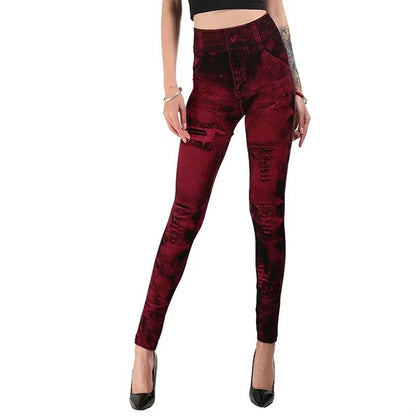 Women Imitation Jeans Stretch Leggings High Waist Slim Fit Pants