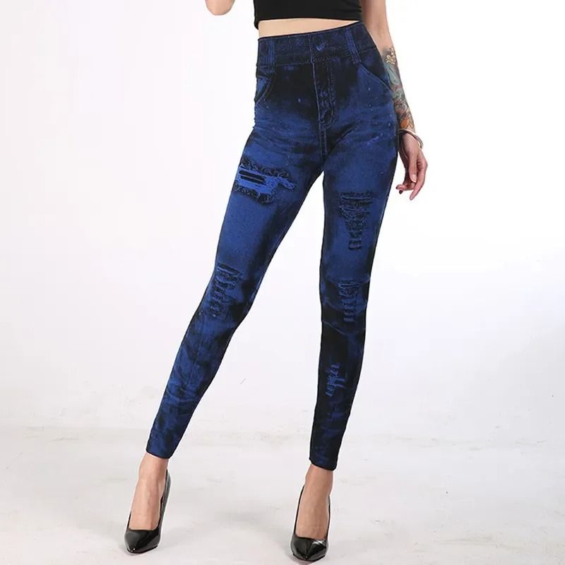 Women Imitation Jeans Stretch Leggings High Waist Slim Fit Pants
