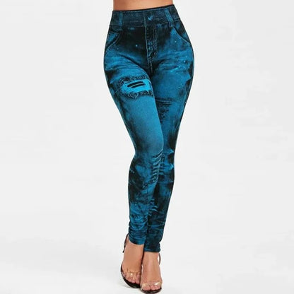 Women Imitation Jeans Stretch Leggings High Waist Slim Fit Pants