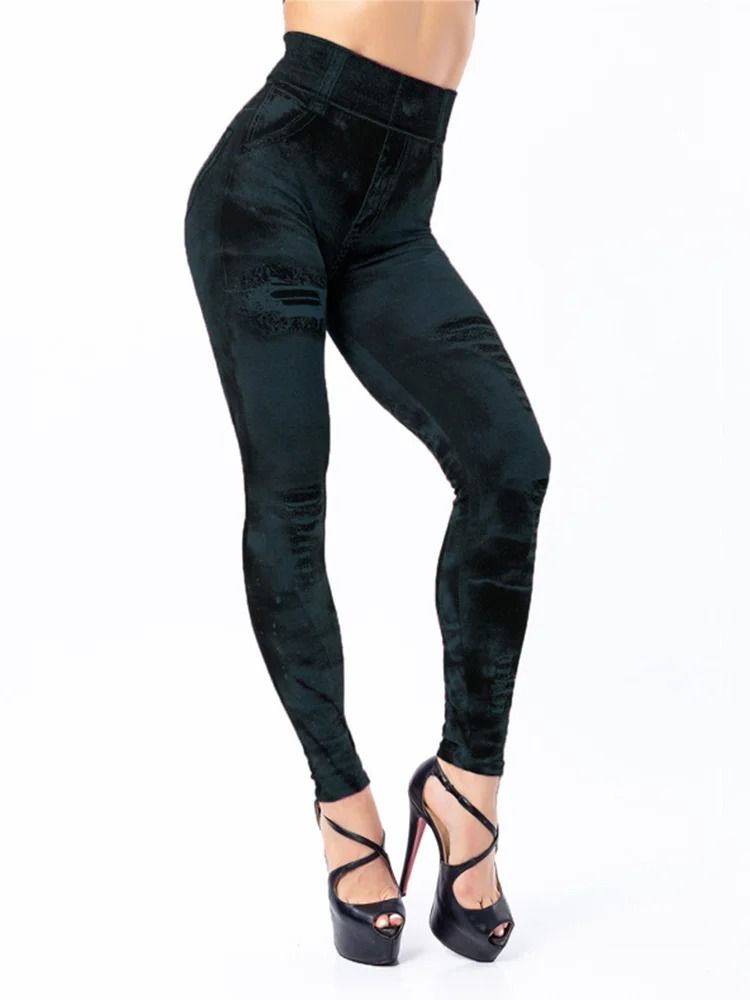 Women Imitation Jeans Stretch Leggings High Waist Slim Fit Pants