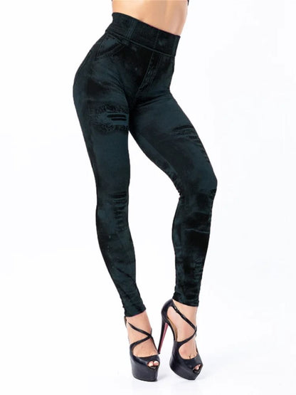 Women Imitation Jeans Stretch Leggings High Waist Slim Fit Pants