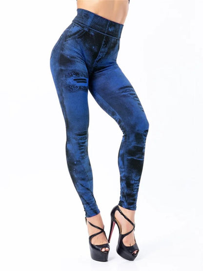 Women Imitation Jeans Stretch Leggings High Waist Slim Fit Pants