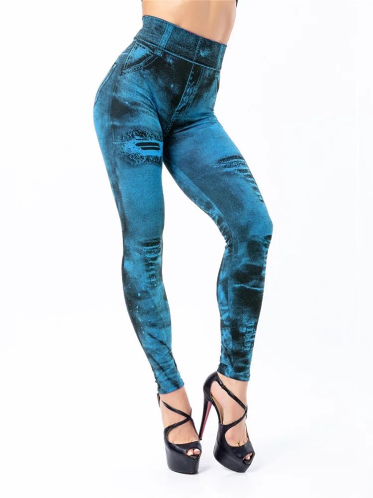 Women Imitation Jeans Stretch Leggings High Waist Slim Fit Pants