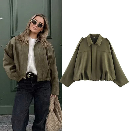 Womens Vintage Bomber Jacket Turn Down Collar Loose Fit Outerwear