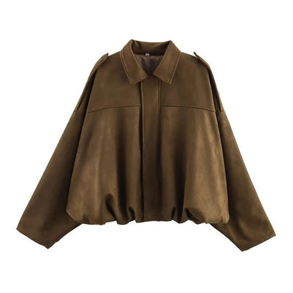 Womens Vintage Bomber Jacket Turn Down Collar Loose Fit Outerwear