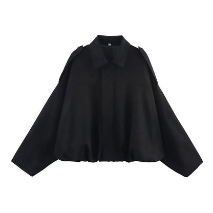 Womens Vintage Bomber Jacket Turn Down Collar Loose Fit Outerwear