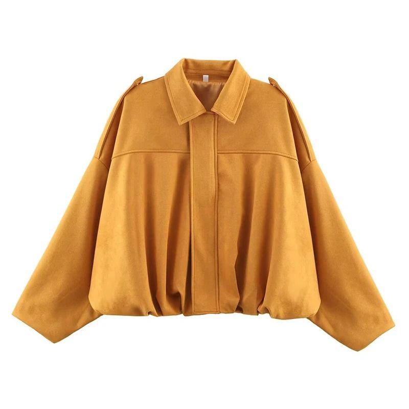 Womens Vintage Bomber Jacket Turn Down Collar Loose Fit Outerwear