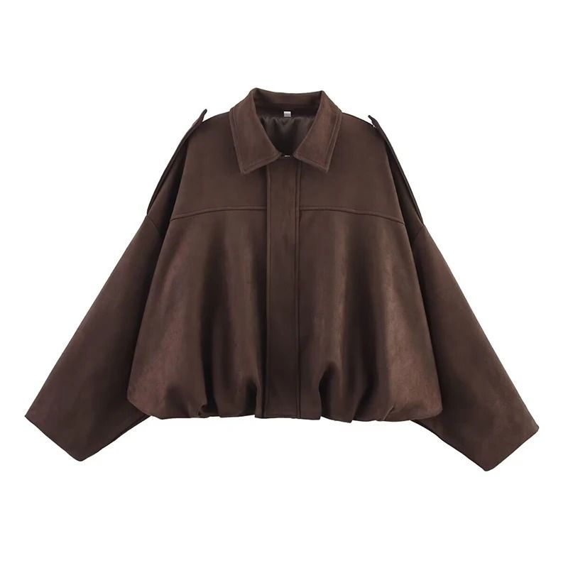 Womens Vintage Bomber Jacket Turn Down Collar Loose Fit Outerwear