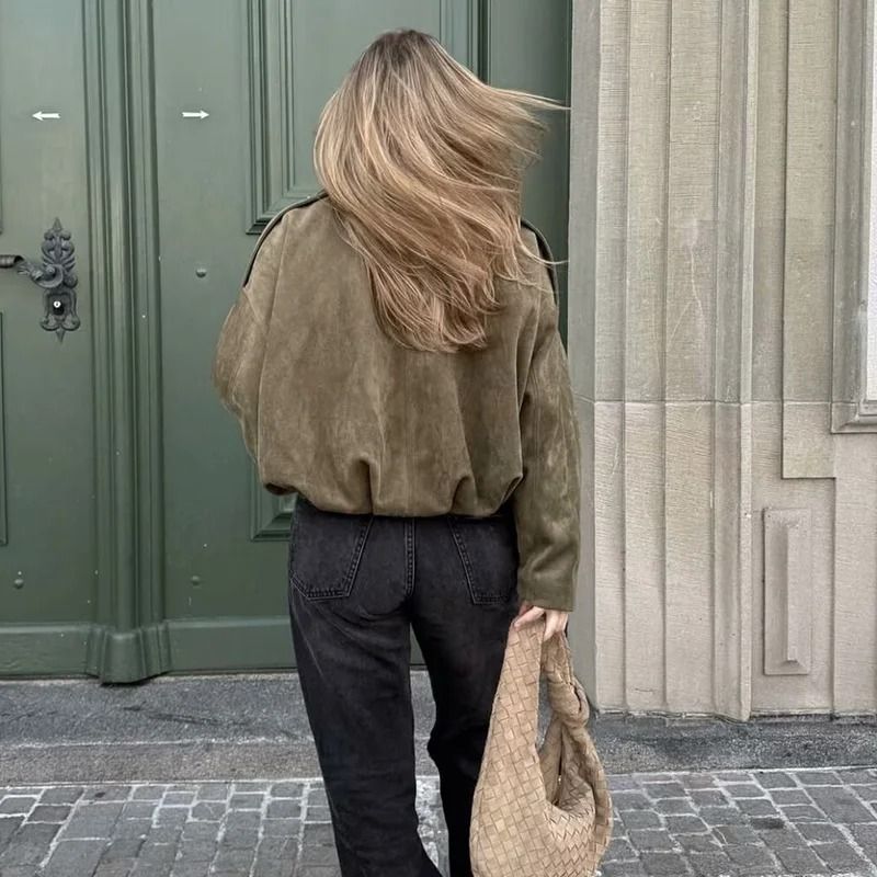 Womens Vintage Bomber Jacket Turn Down Collar Loose Fit Outerwear