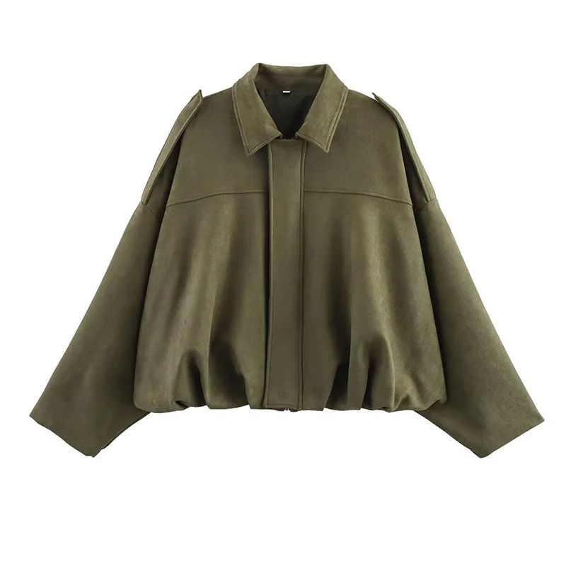Womens Vintage Bomber Jacket Turn Down Collar Loose Fit Outerwear
