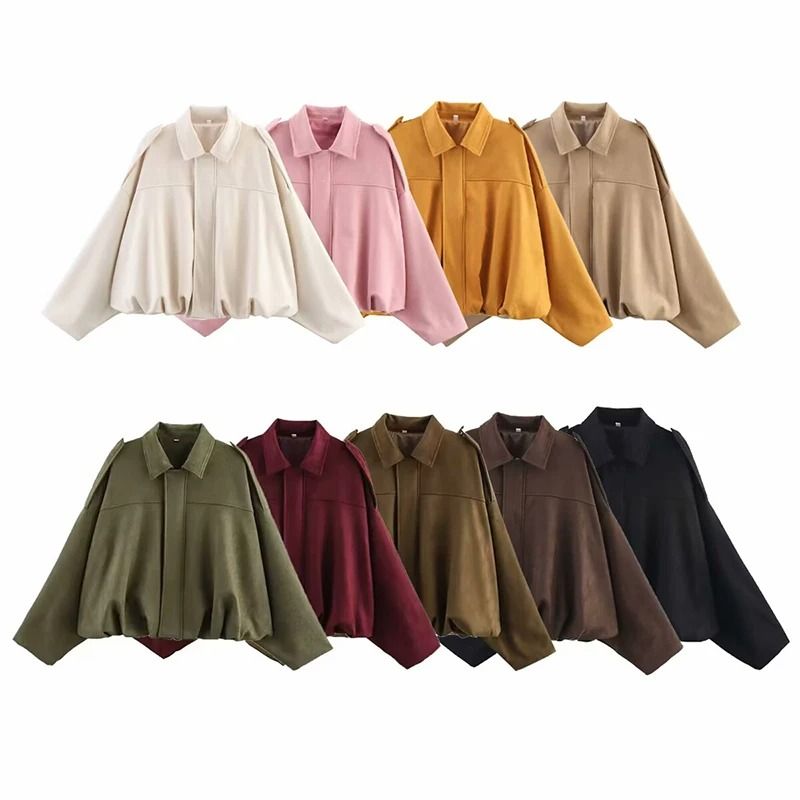 Womens Vintage Bomber Jacket Turn Down Collar Loose Fit Outerwear