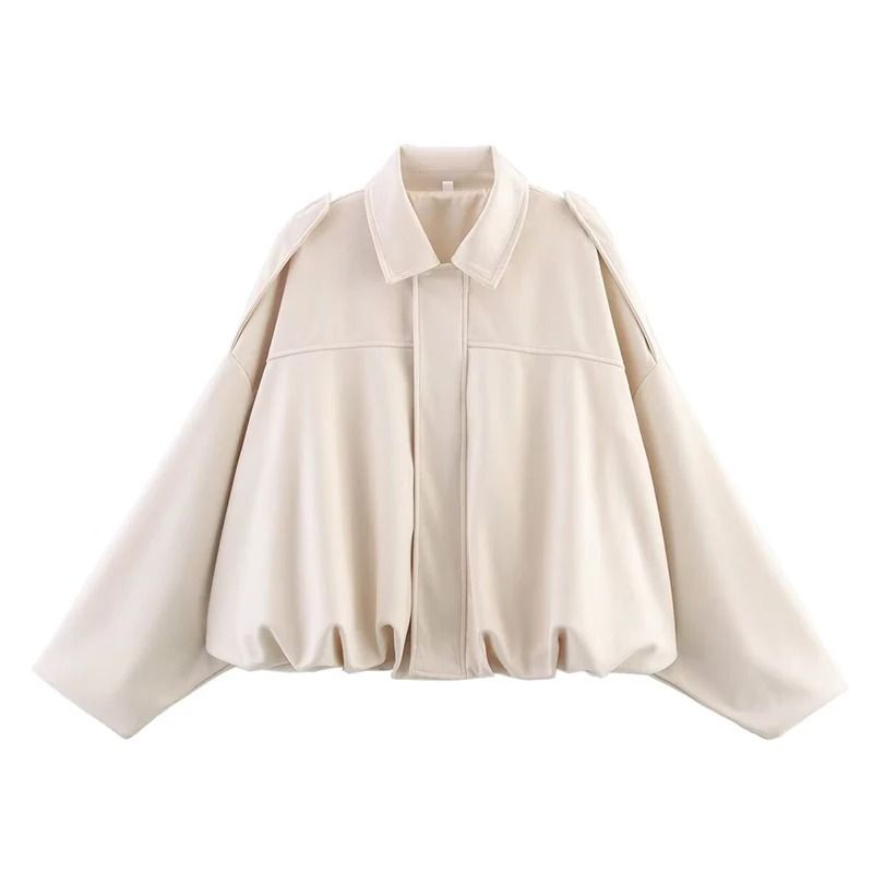 Womens Vintage Bomber Jacket Turn Down Collar Loose Fit Outerwear