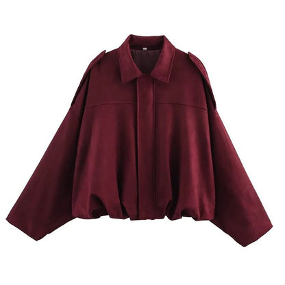 Womens Vintage Bomber Jacket Turn Down Collar Loose Fit Outerwear