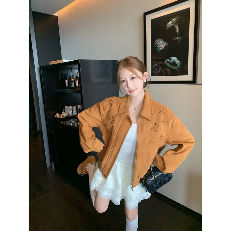 Women Clothes, Spring Autumn Cardigan Coat, Solid Color Zipper, Polo Collar, All Match Hollow Out Design