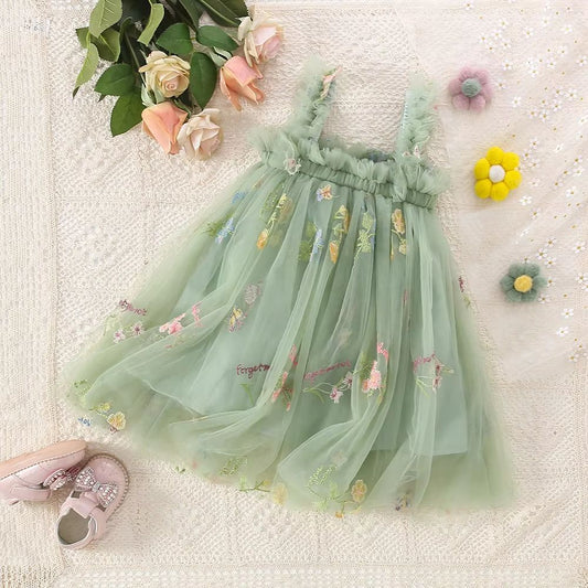 Toddler Girls Mesh Tulle Princess Dress with Bow – Summer Embroidered Flower Tutu Dress for Baby Girls