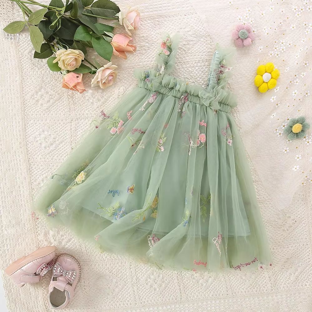 Toddler Girls Mesh Tulle Princess Dress with Bow – Summer Embroidered Flower Tutu Dress for Baby Girls