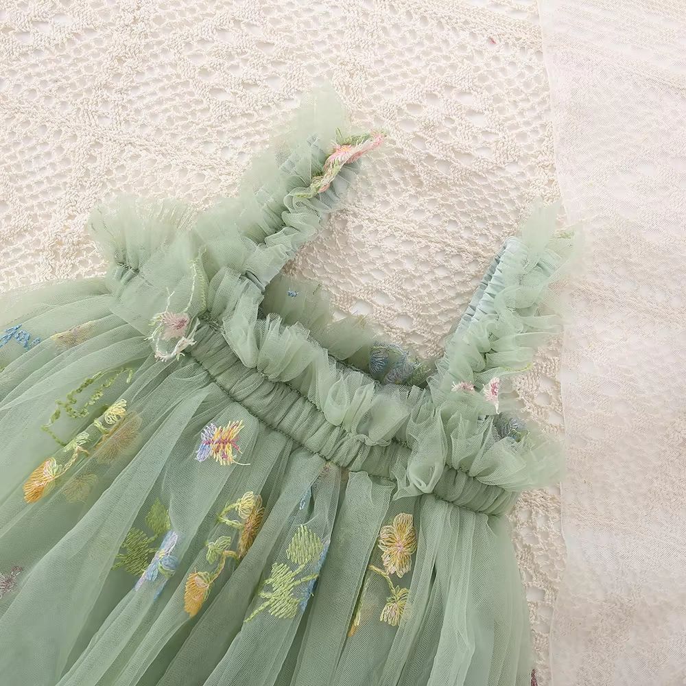 Toddler Girls Mesh Tulle Princess Dress with Bow – Summer Embroidered Flower Tutu Dress for Baby Girls