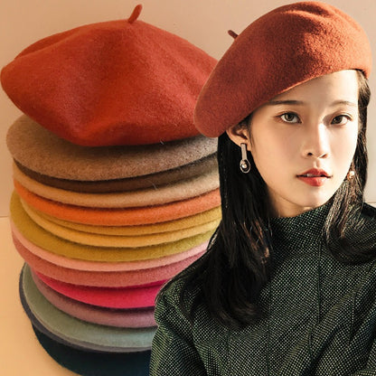 Thick Warm Woolen Beret Hat, Vintage Winter French Artist Cap, Casual Solid Color Beanie, Stylish Black Red Fashion Hat