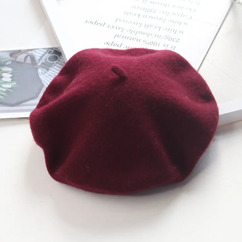 Thick Warm Woolen Beret Hat, Vintage Winter French Artist Cap, Casual Solid Color Beanie, Stylish Black Red Fashion Hat