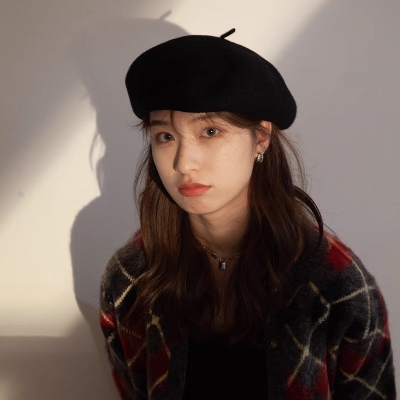 Thick Warm Woolen Beret Hat, Vintage Winter French Artist Cap, Casual Solid Color Beanie, Stylish Black Red Fashion Hat
