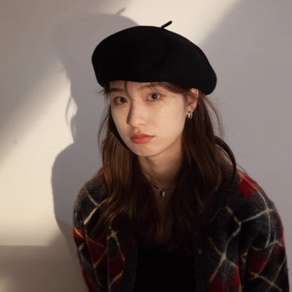 Thick Warm Woolen Beret Hat, Vintage Winter French Artist Cap, Casual Solid Color Beanie, Stylish Black Red Fashion Hat