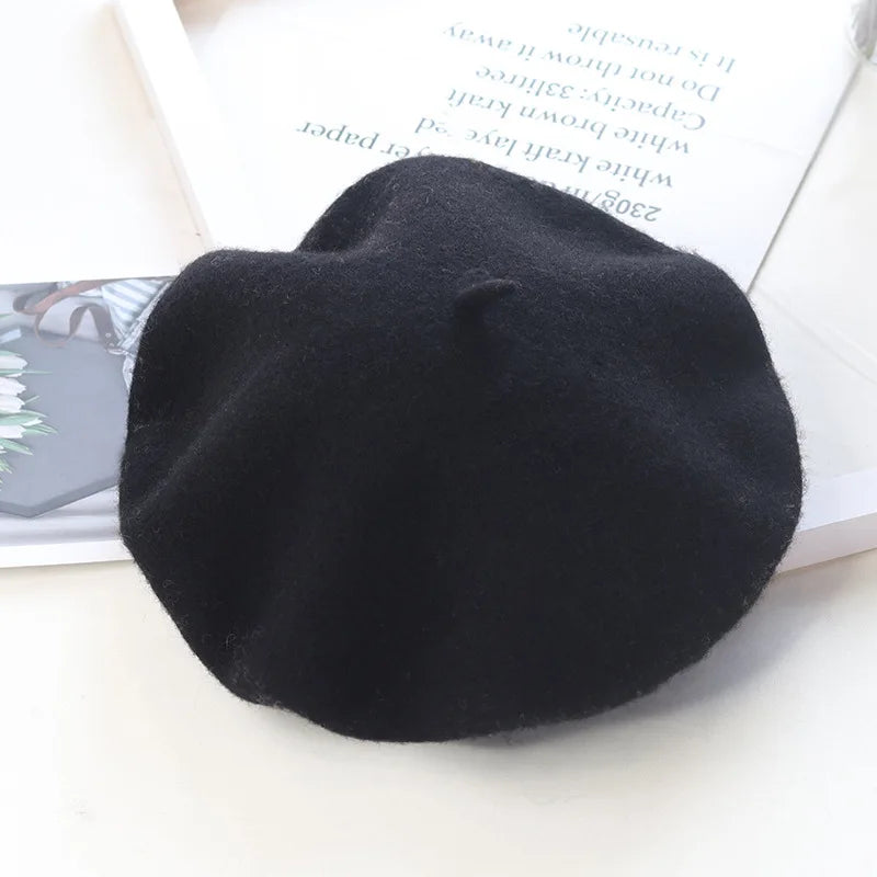 Thick Warm Woolen Beret Hat, Vintage Winter French Artist Cap, Casual Solid Color Beanie, Stylish Black Red Fashion Hat