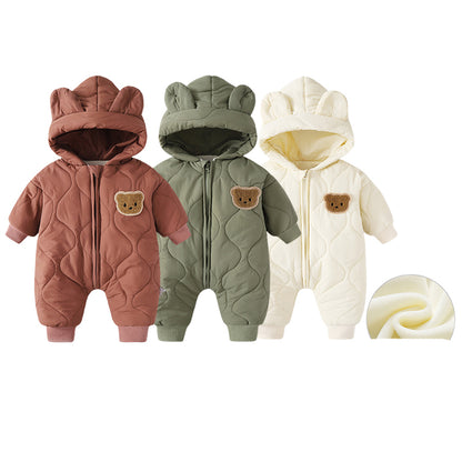 Autumn Winter Hooded Baby Rompers, Newborn Infant Fleece Padded One Piece, Cartoon Outdoor Outfit for Boys and Girls