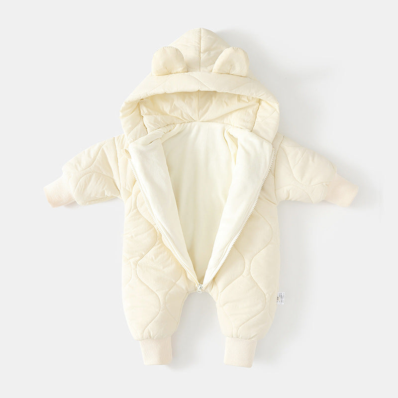 Autumn Winter Hooded Baby Rompers, Newborn Infant Fleece Padded One Piece, Cartoon Outdoor Outfit for Boys and Girls