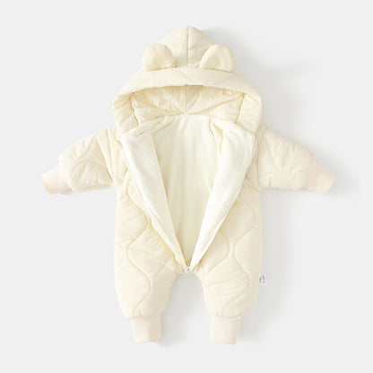 Autumn Winter Hooded Baby Rompers, Newborn Infant Fleece Padded One Piece, Cartoon Outdoor Outfit for Boys and Girls