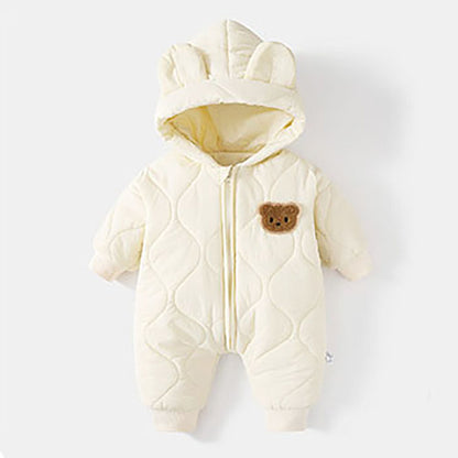 Autumn Winter Hooded Baby Rompers, Newborn Infant Fleece Padded One Piece, Cartoon Outdoor Outfit for Boys and Girls