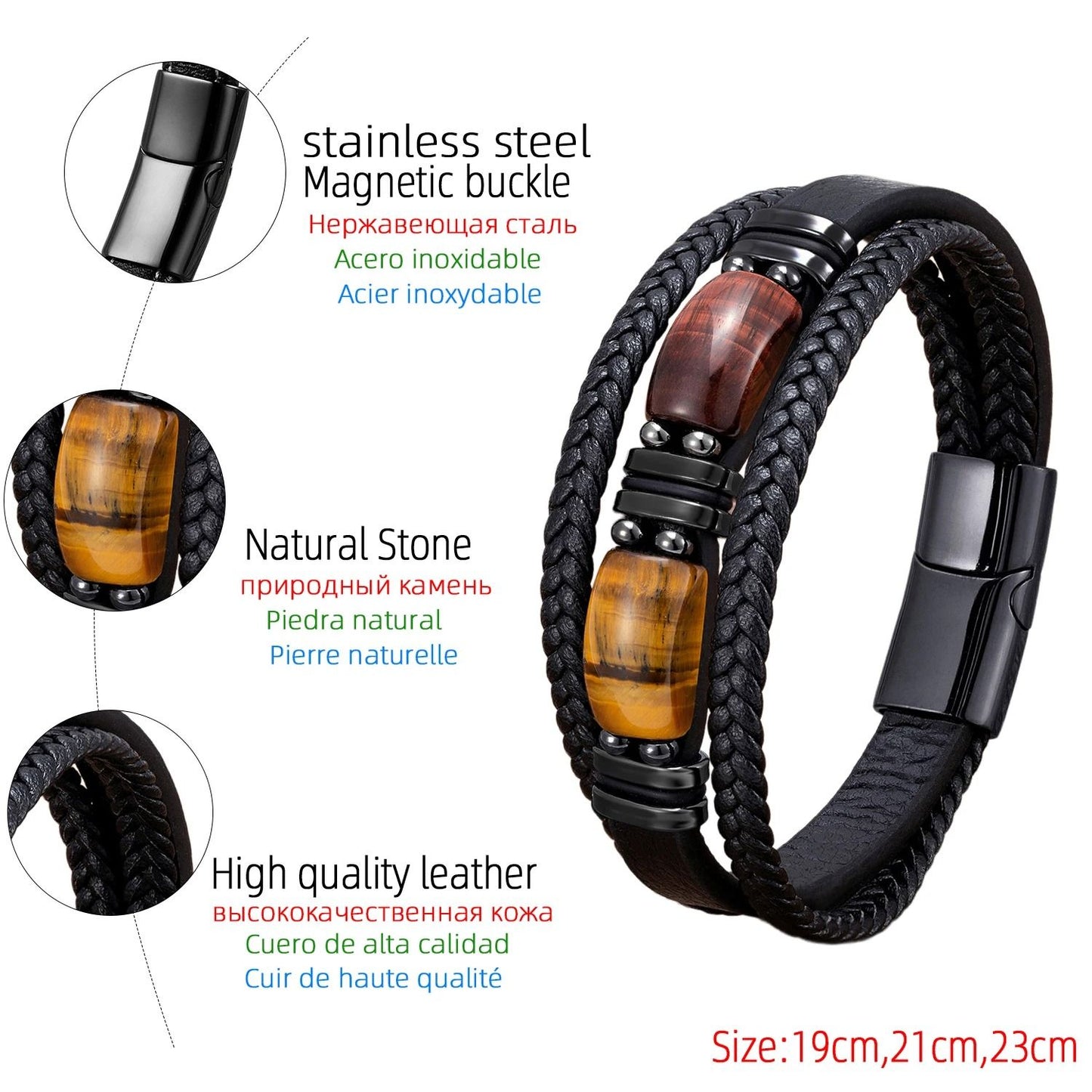 Natural Stone Leather Bracelet Handmade Adjustable Beaded Jewelry
