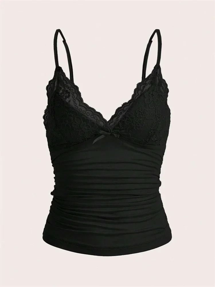 Contrast Lace Bow Front Crop Cami Top for Women