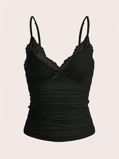Contrast Lace Bow Front Crop Cami Top for Women
