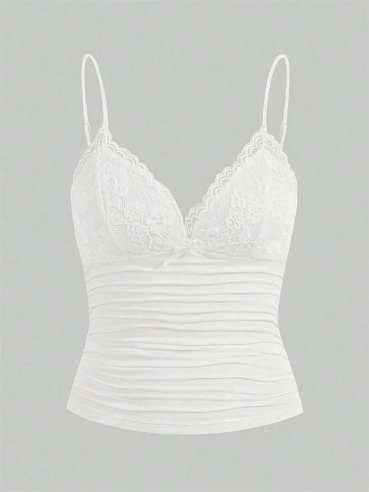 Contrast Lace Bow Front Crop Cami Top for Women