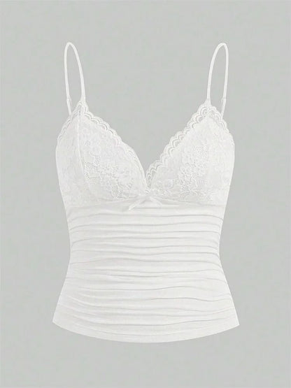 Contrast Lace Bow Front Crop Cami Top for Women