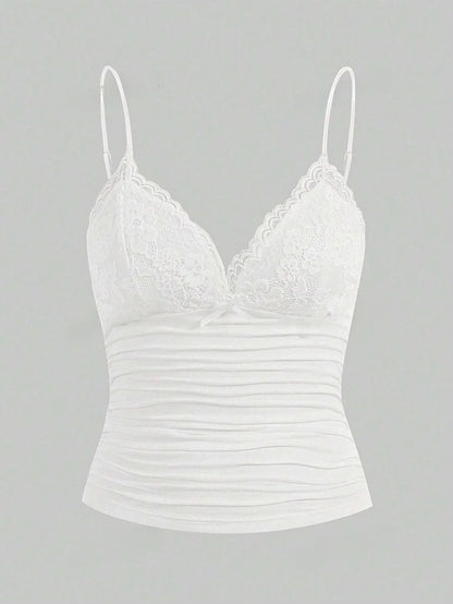Contrast Lace Bow Front Crop Cami Top for Women