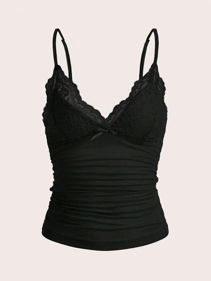 Contrast Lace Bow Front Crop Cami Top for Women