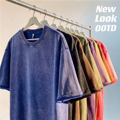 American Style Retro Heavyweight Solid Color Short Sleeve T Shirt for Men and Women