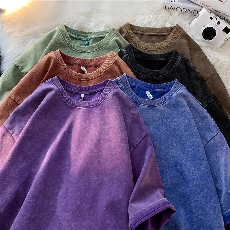 American Style Retro Heavyweight Solid Color Short Sleeve T Shirt for Men and Women