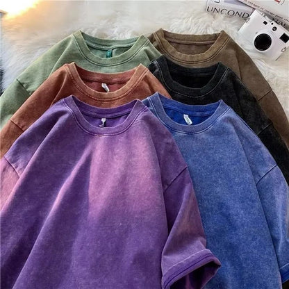 American Style Retro Heavyweight Solid Color Short Sleeve T Shirt for Men and Women