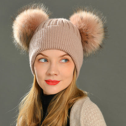 Women Winter Knitted Wool Hat, Double Real Raccoon Fur Pompom Beanie, Skullies Cap for Girls, Female Two Fur Pom Pom Hat