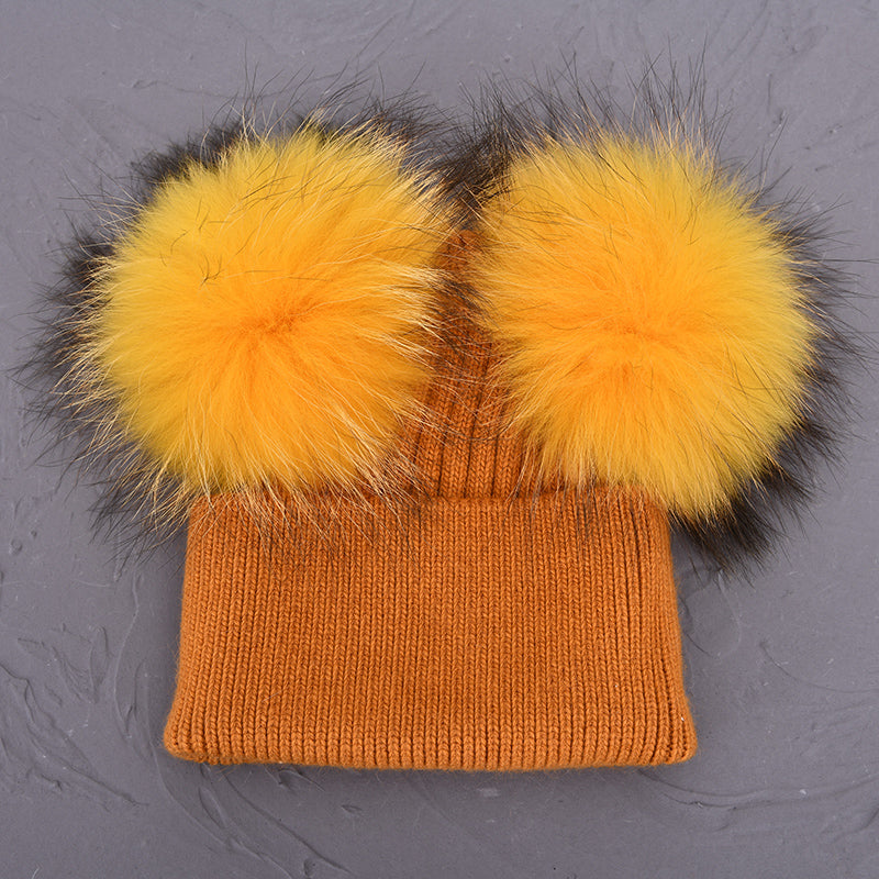 Women Winter Knitted Wool Hat, Double Real Raccoon Fur Pompom Beanie, Skullies Cap for Girls, Female Two Fur Pom Pom Hat