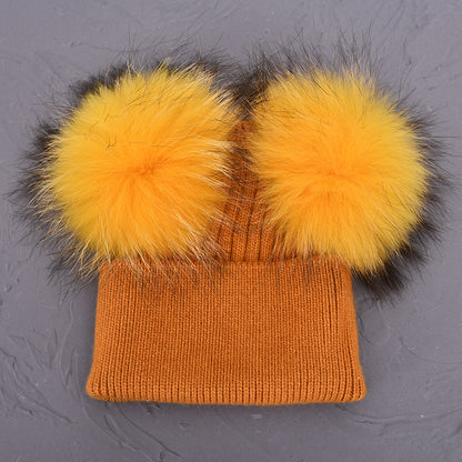 Women Winter Knitted Wool Hat, Double Real Raccoon Fur Pompom Beanie, Skullies Cap for Girls, Female Two Fur Pom Pom Hat