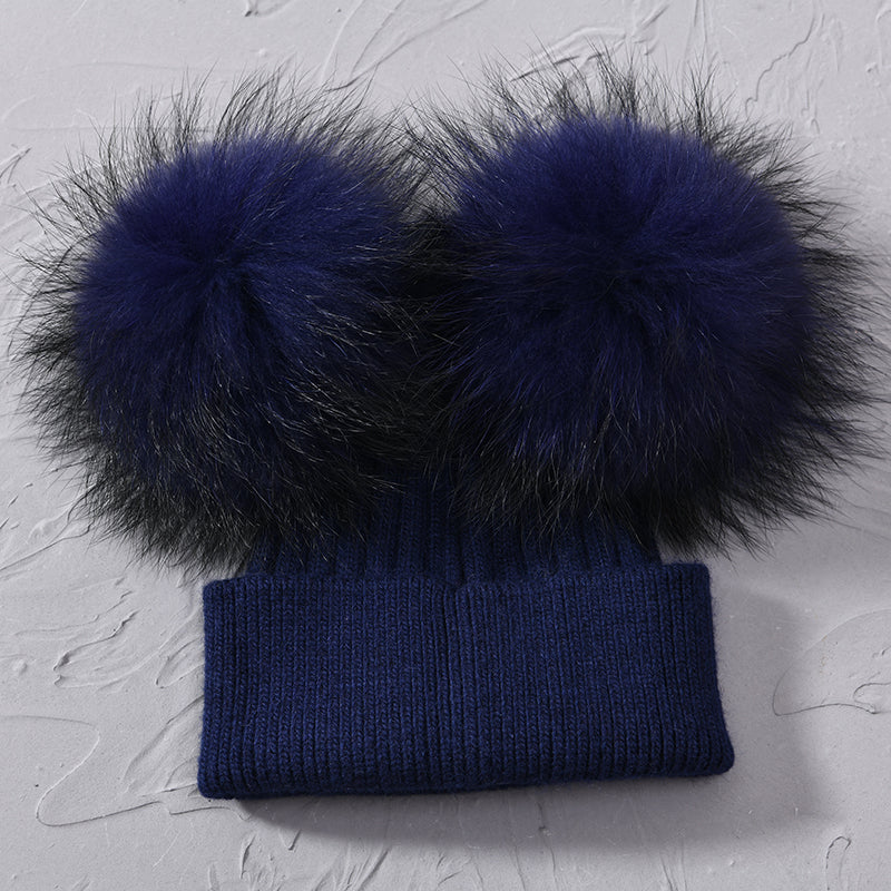 Women Winter Knitted Wool Hat, Double Real Raccoon Fur Pompom Beanie, Skullies Cap for Girls, Female Two Fur Pom Pom Hat
