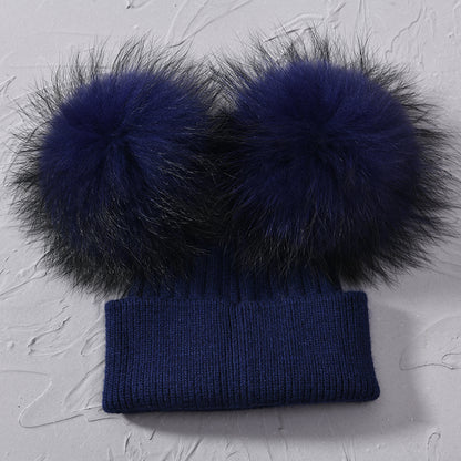 Women Winter Knitted Wool Hat, Double Real Raccoon Fur Pompom Beanie, Skullies Cap for Girls, Female Two Fur Pom Pom Hat