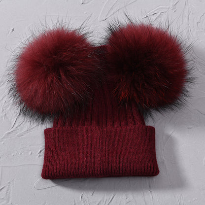 Women Winter Knitted Wool Hat, Double Real Raccoon Fur Pompom Beanie, Skullies Cap for Girls, Female Two Fur Pom Pom Hat