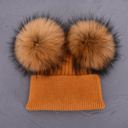 Women Winter Knitted Wool Hat, Double Real Raccoon Fur Pompom Beanie, Skullies Cap for Girls, Female Two Fur Pom Pom Hat