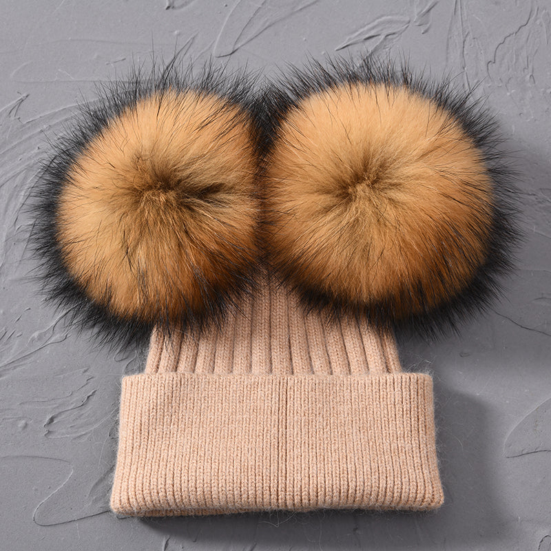 Women Winter Knitted Wool Hat, Double Real Raccoon Fur Pompom Beanie, Skullies Cap for Girls, Female Two Fur Pom Pom Hat