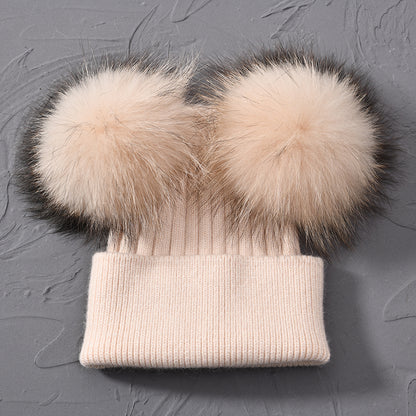 Women Winter Knitted Wool Hat, Double Real Raccoon Fur Pompom Beanie, Skullies Cap for Girls, Female Two Fur Pom Pom Hat